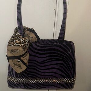 Purple Zebra Print Women's Bag with Scarf Accent